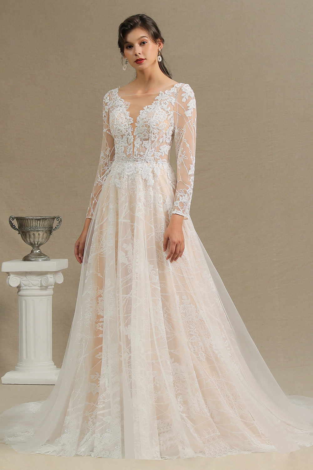Sheer Long Sleeve A-Line Illusion Tulle Wedding Dress with Lace