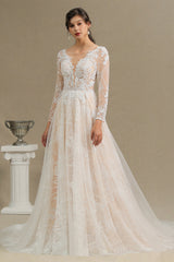 Sheer Long Sleeve A-Line Illusion Tulle Wedding Dress with Lace