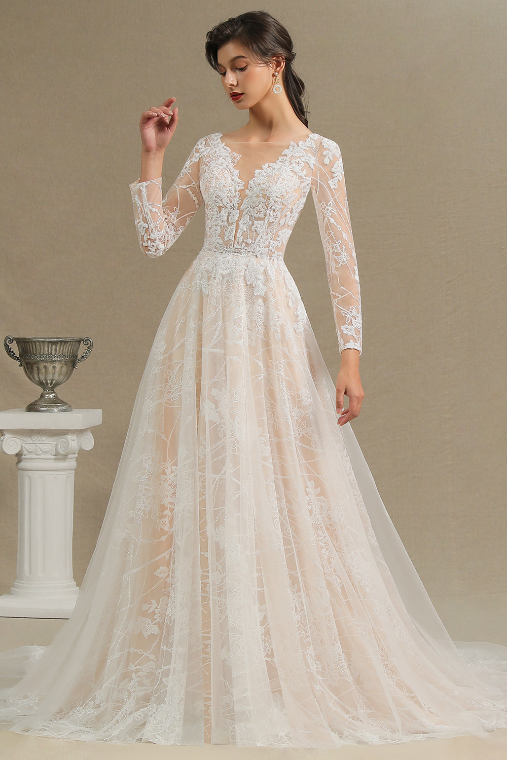 Sheer Long Sleeve A-Line Illusion Tulle Wedding Dress with Lace