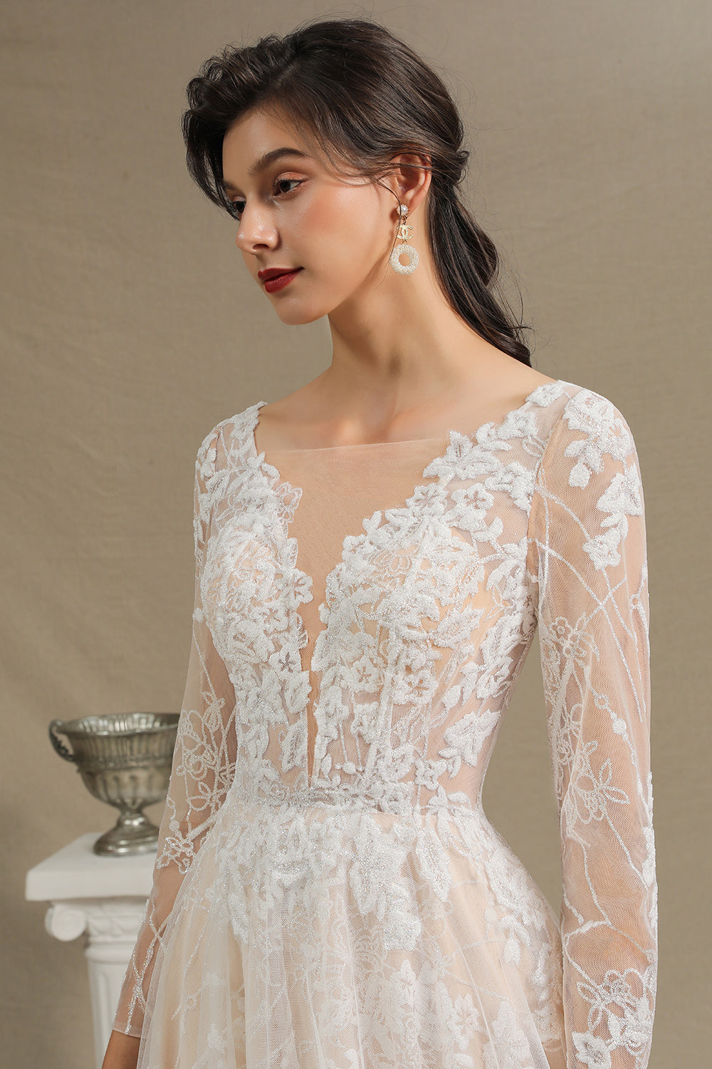 Sheer Long Sleeve A-Line Illusion Tulle Wedding Dress with Lace