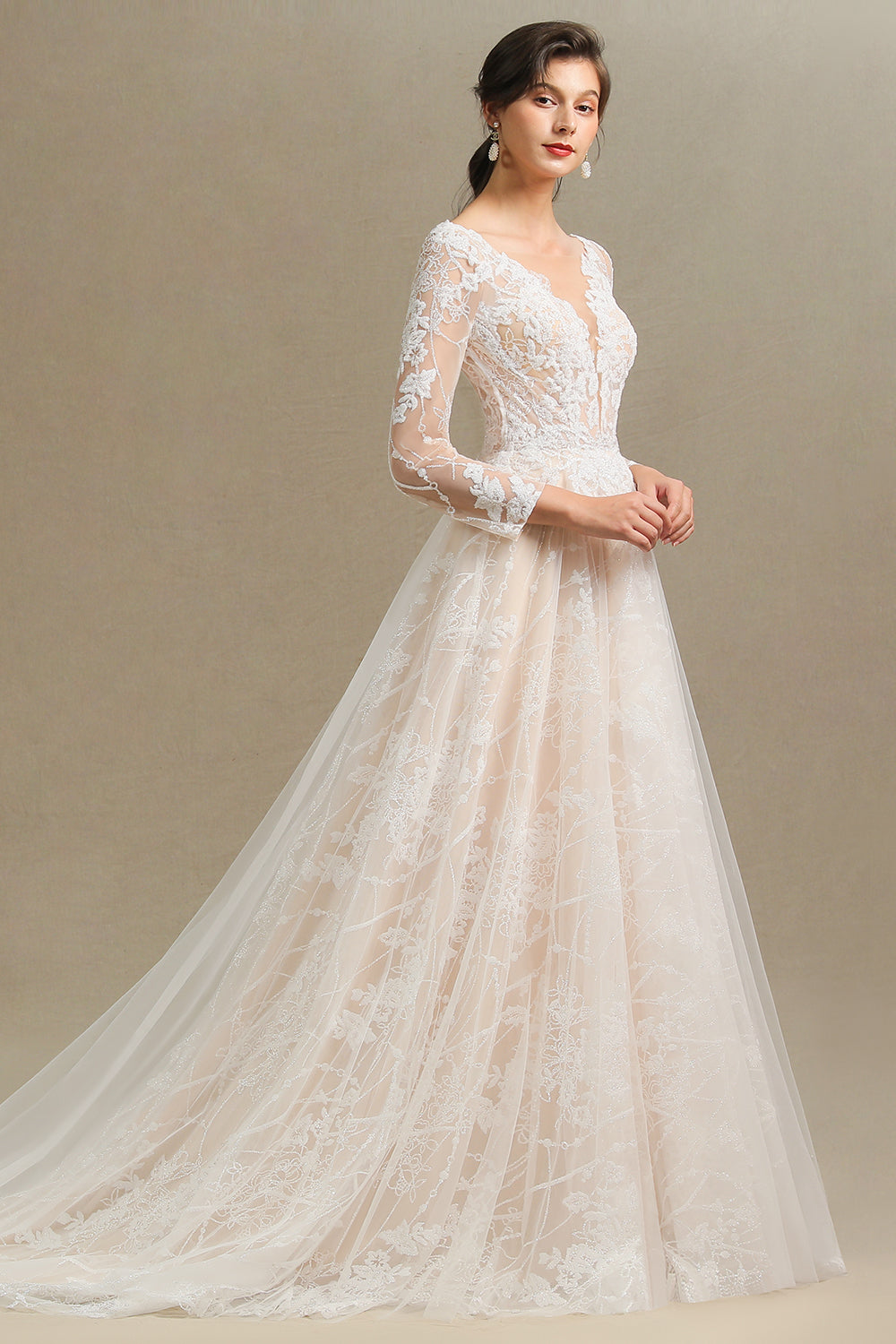 Sheer Long Sleeve A-Line Illusion Tulle Wedding Dress with Lace