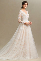 Sheer Long Sleeve A-Line Illusion Tulle Wedding Dress with Lace