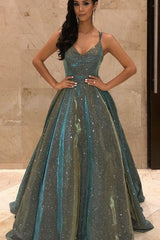 Shimmering Spaghetti-Straps V-Neck Long Sleeveless Sequined Prom Dress