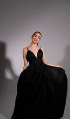 Shining Black Deep V Neck Spaghetti Strap Long Prom Dress with Sequins and Split