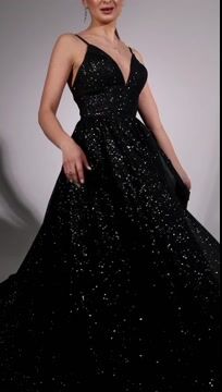 Shining Black Deep V Neck Spaghetti Strap Long Prom Dress with Sequins and Split