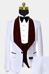 Shining Burgundy Velvet Prom Suit for Men with White Jacquard Lapel