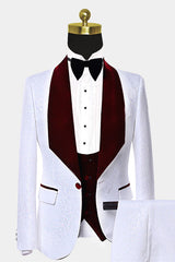 Shining Burgundy Velvet Prom Suit for Men with White Jacquard Lapel
