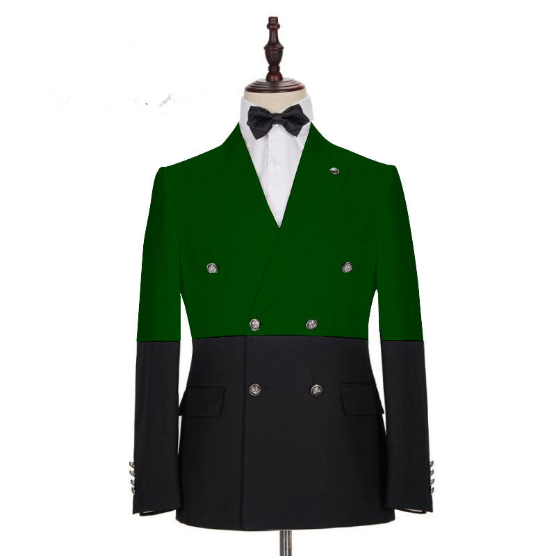 Shining Dark Green and Black Double-Breasted Prom Tuxedo