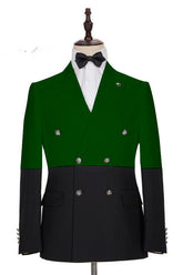 Shining Dark Green and Black Double-Breasted Prom Tuxedo
