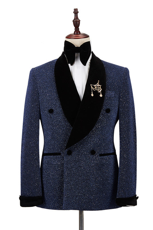 Shining Dark Navy Double-Breasted Prince Suit with Shawl Lapel for Wedding