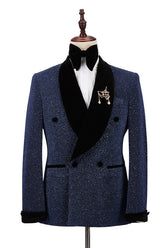 Shining Dark Navy Double-Breasted Prince Suit with Shawl Lapel for Wedding