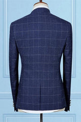 Shining Dark Navy Three-Piece Groom and Groomsmen Suit with Plaid