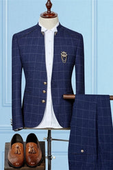 Shining Dark Navy Three-Piece Groom and Groomsmen Suit with Plaid