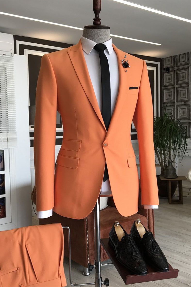 Shining Orange Three-Flap Homecoming Suit with Peaked Lapel for Men