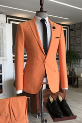 Shining Orange Three-Flap Homecoming Suit with Peaked Lapel for Men