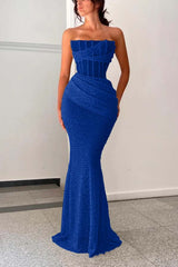 Shining Strapless Mermaid Long Prom Dress with Pleated Details