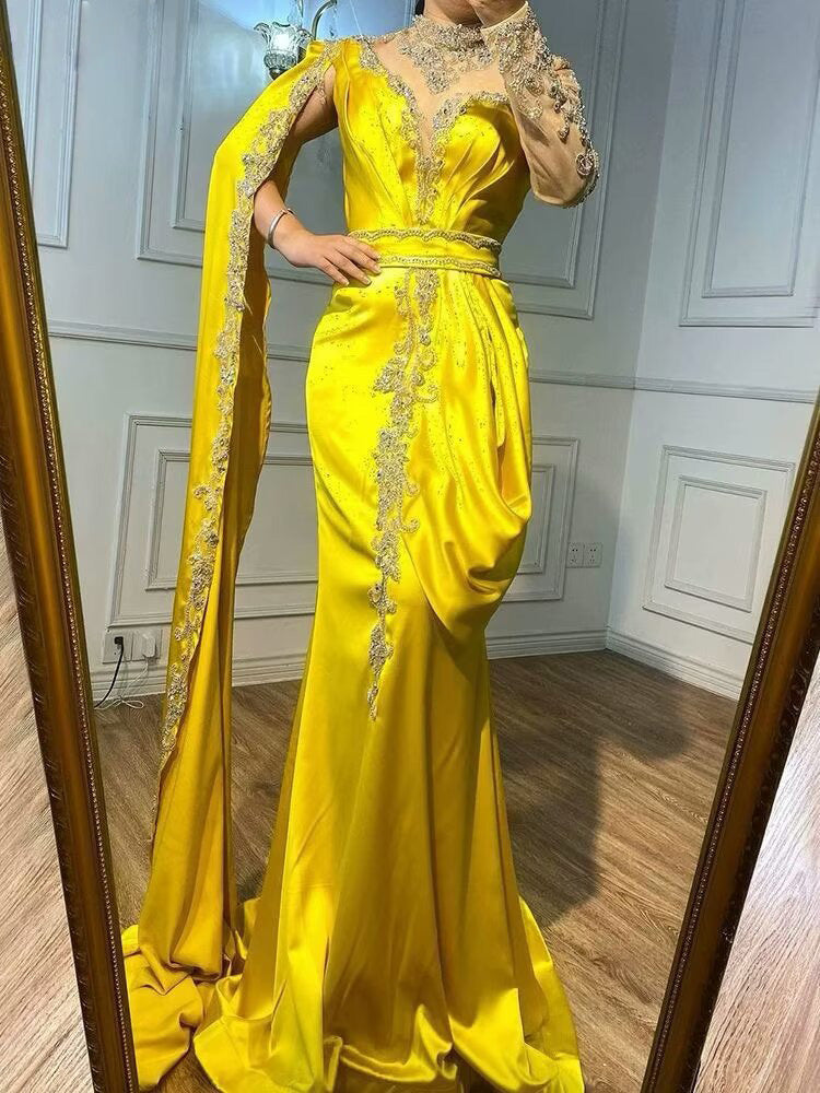 Shining Yellow Beaded Embroidery Floor-Length Mermaid Prom Dress with Shawl