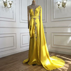 Shining Yellow Beaded Embroidery Floor-Length Mermaid Prom Dress with Shawl