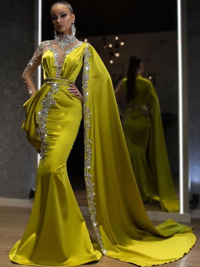 Shining Yellow Beaded Embroidery Floor-Length Mermaid Prom Dress with Shawl