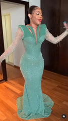 Shining Long Sleeve Mermaid Floor Length Prom Dress with Appliques