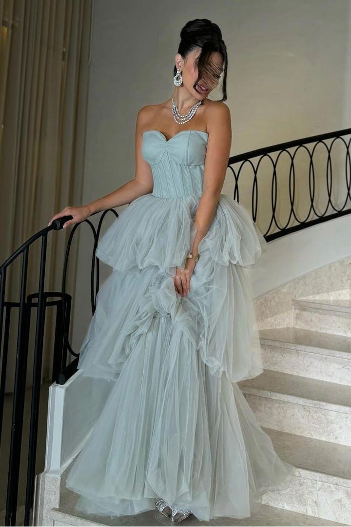 Shining Strapless Sweetheart Tulle Long Prom Dress