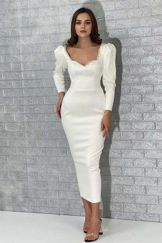 Shining White Long Sleeve Prom Dress with Sequins and Pleated