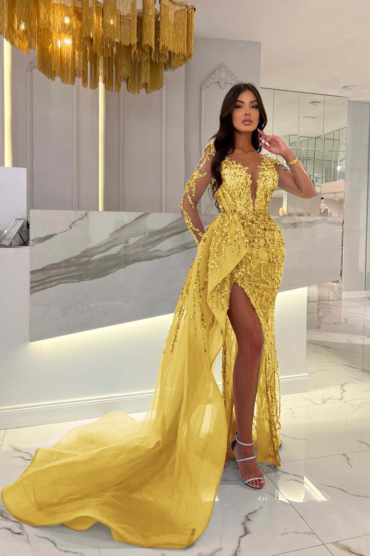 Blue Long Sleeve Mermaid Prom Dress with Split Beading Appliques