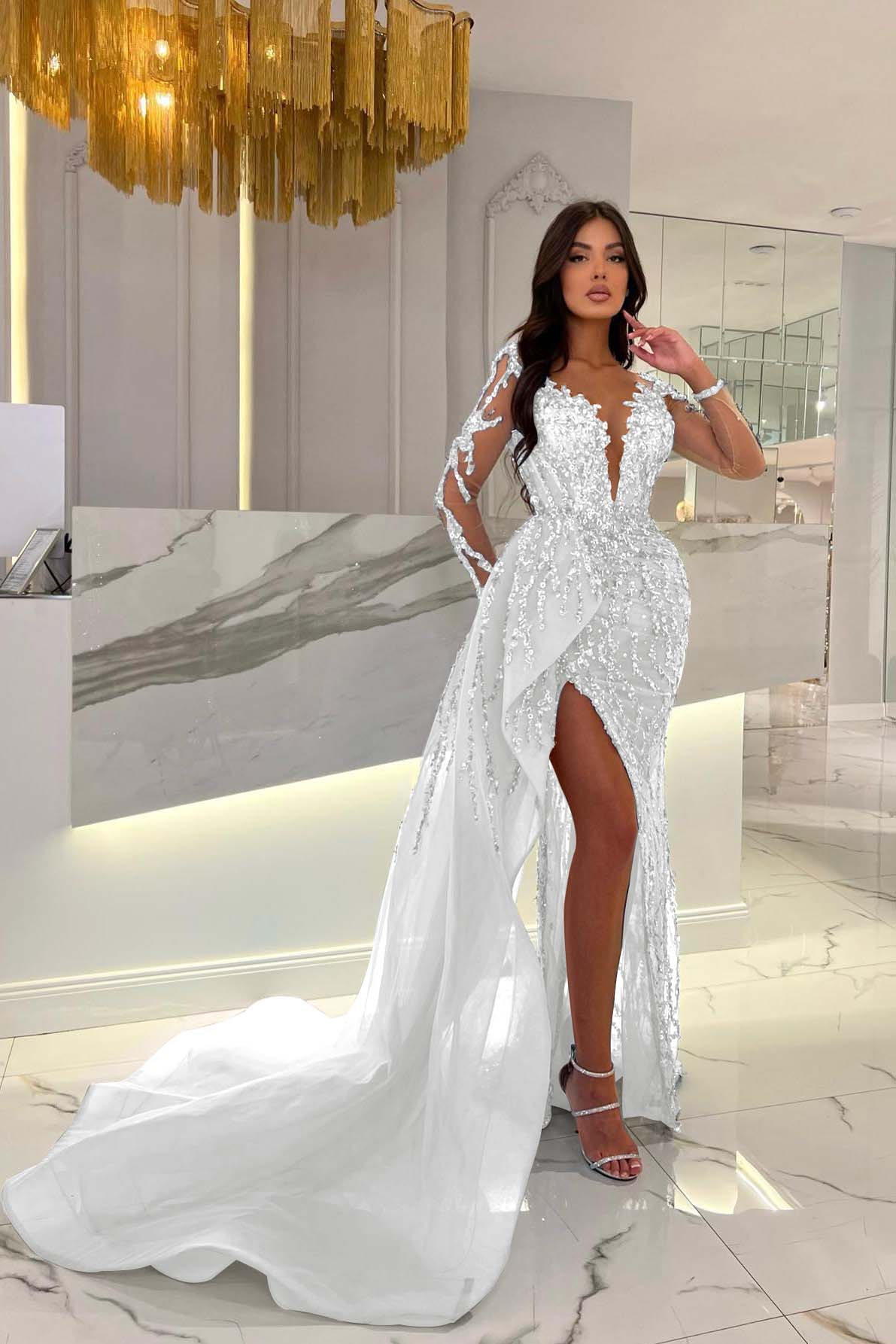 Blue Long Sleeve Mermaid Prom Dress with Split Beading Appliques
