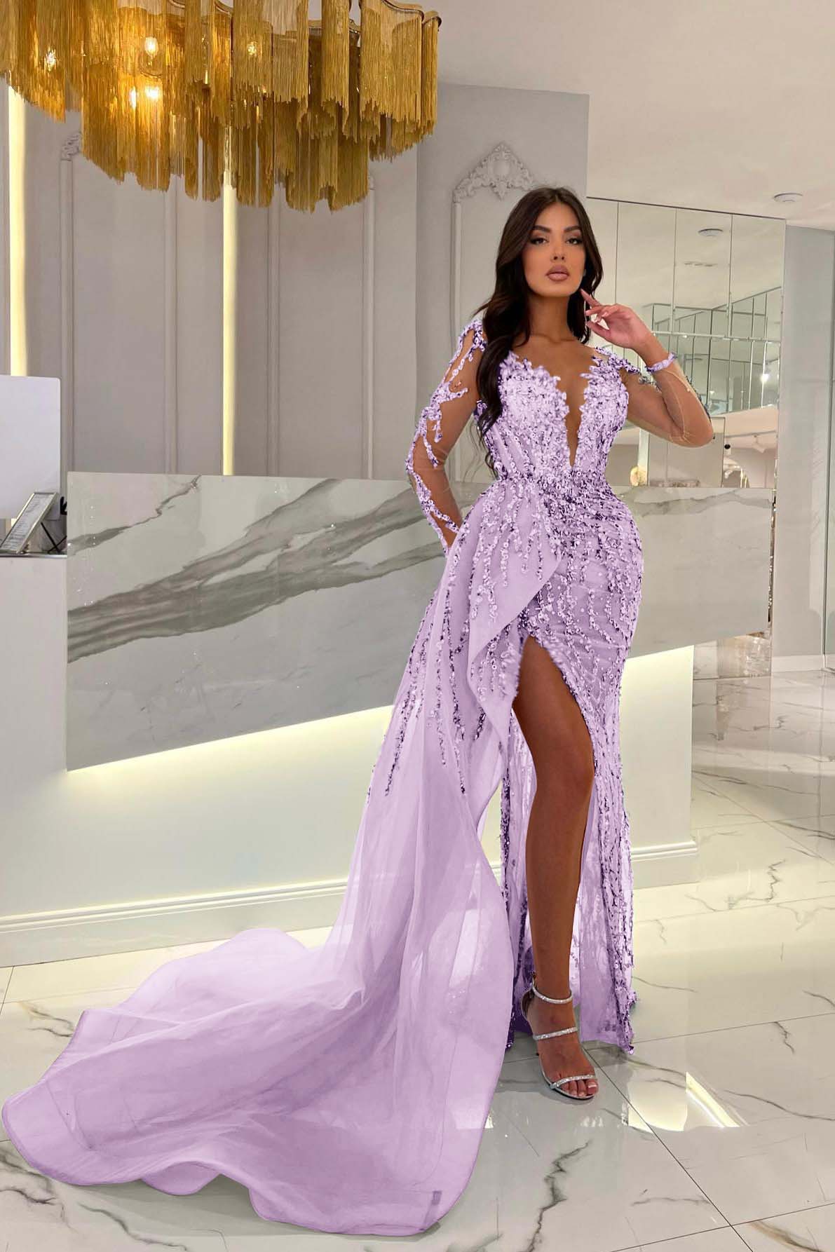Blue Long Sleeve Mermaid Prom Dress with Split Beading Appliques