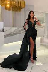Blue Long Sleeve Mermaid Prom Dress with Split Beading Appliques