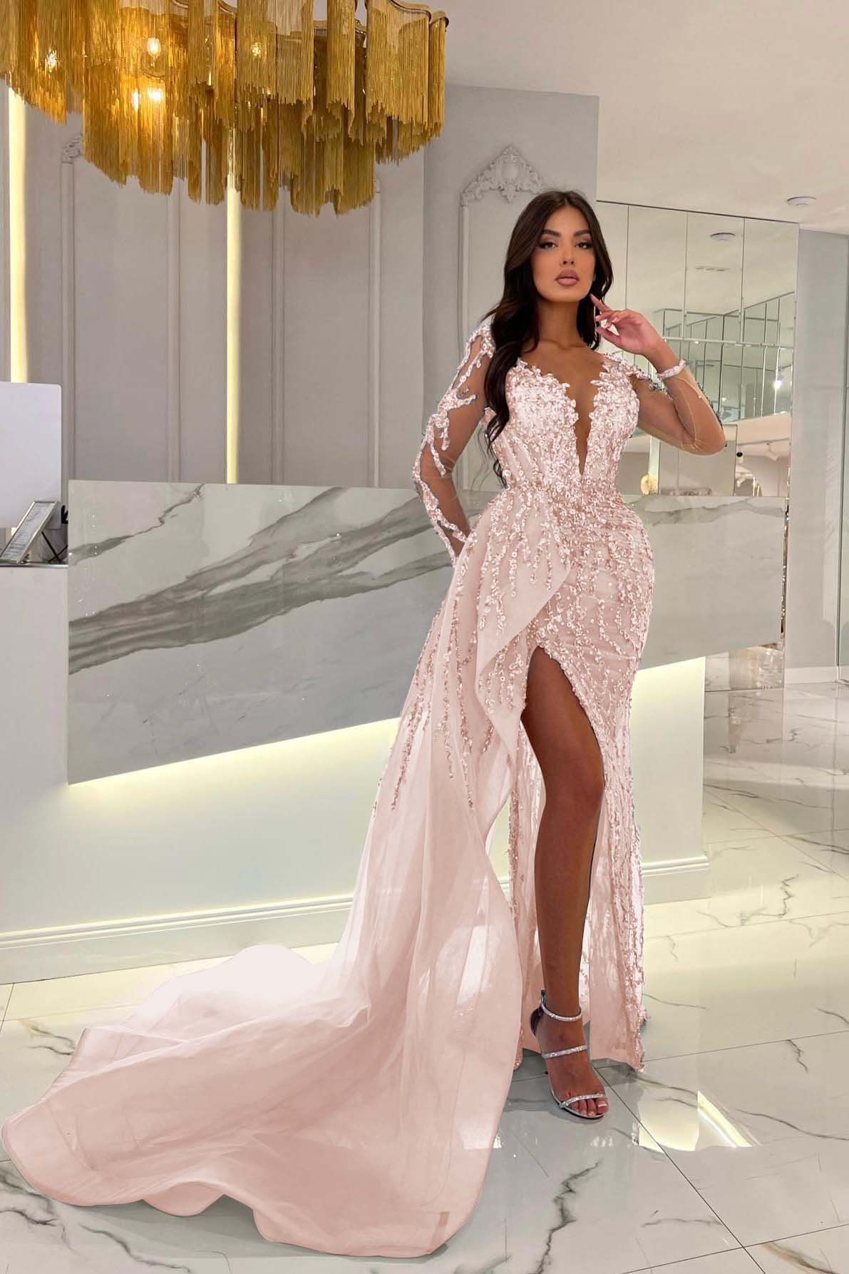 Blue Long Sleeve Mermaid Prom Dress with Split Beading Appliques