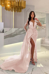 Blue Long Sleeve Mermaid Prom Dress with Split Beading Appliques