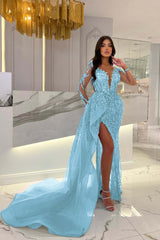 Blue Long Sleeve Mermaid Prom Dress with Split Beading Appliques