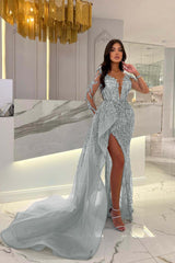 Blue Long Sleeve Mermaid Prom Dress with Split Beading Appliques