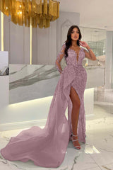 Blue Long Sleeve Mermaid Prom Dress with Split Beading Appliques