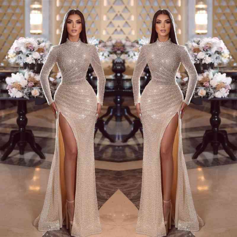 Shiny High Neck Long Sleeve Mermaid Long Prom Dress with Split and Pleats