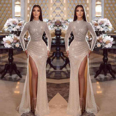Shiny High Neck Long Sleeve Mermaid Long Prom Dress with Split and Pleats