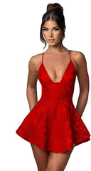 Short A-line Halter Satin Ruffle Jacquard Backless Homecoming Dress