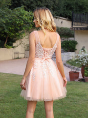 Short A-line Mini Tulle Formal Dress with Lace Appliques