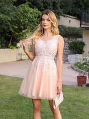 Short A-line Mini Tulle Formal Dress with Lace Appliques