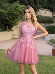 Short A-line Mini Tulle Formal Dress with Lace Appliques