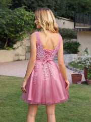 Short A-line Mini Tulle Formal Dress with Lace Appliques