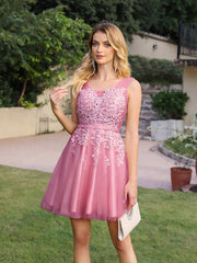 Short A-line Mini Tulle Formal Dress with Lace Appliques