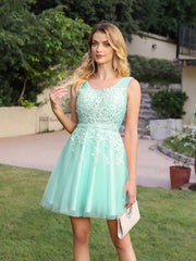 Short A-line Mini Tulle Formal Dress with Lace Appliques