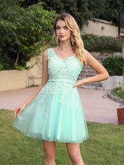 Short A-line Mini Tulle Formal Dress with Lace Appliques