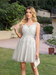 Short A-line Mini Tulle Formal Dress with Lace Appliques
