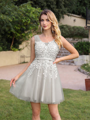 Short A-line Mini Tulle Formal Dress with Lace Appliques
