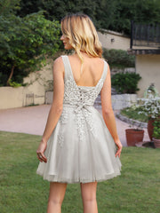 Short A-line Mini Tulle Formal Dress with Lace Appliques