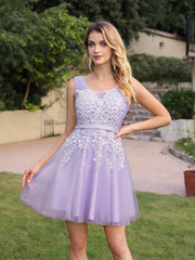 Short A-line Mini Tulle Formal Dress with Lace Appliques