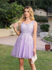 Short A-line Mini Tulle Formal Dress with Lace Appliques